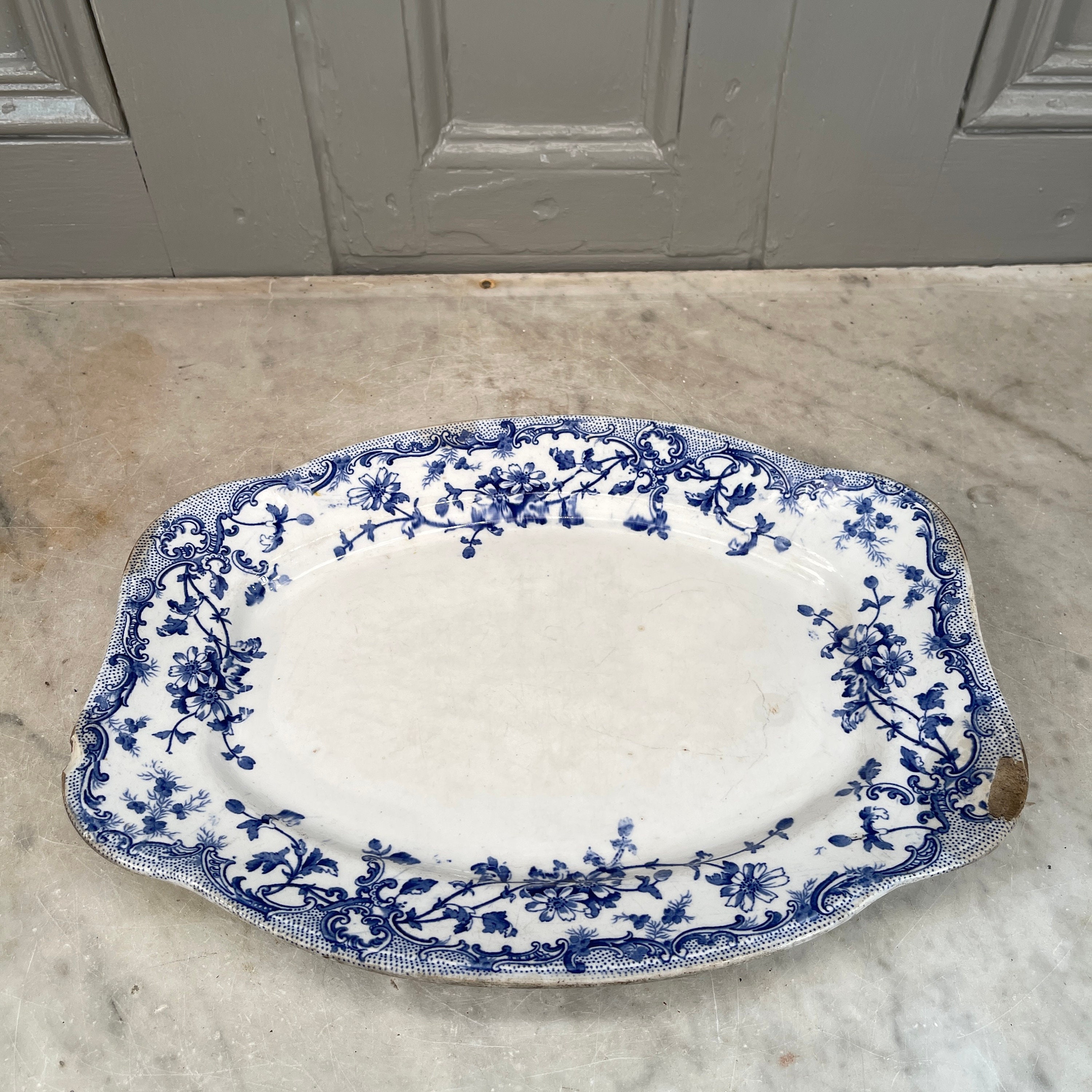 Antique Victorian Blue Floral Ceramic Meat Platter: Clementson