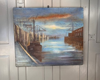 Vintage oil painting on canvas of industrial docks scene by Stiles