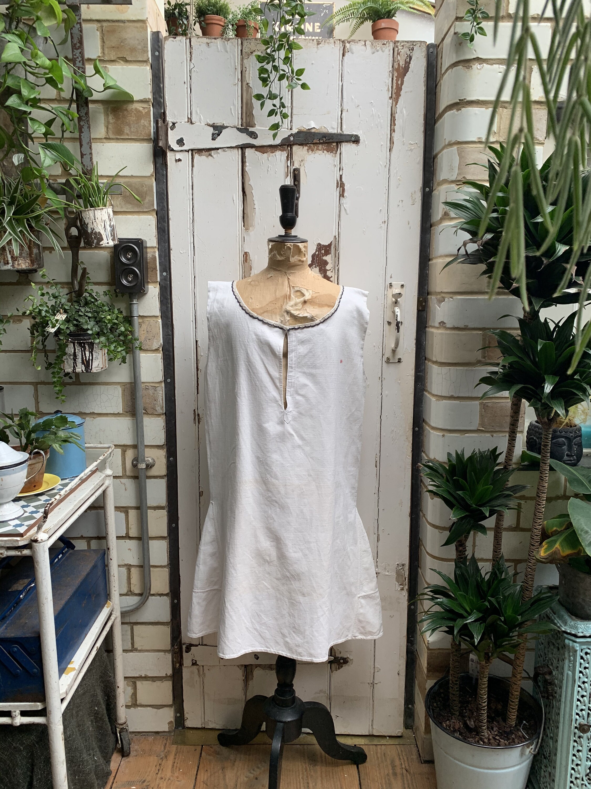 Image of Antique French White Linen Cotton Metis Sleeveless Shift Dress Initial M Size Uk