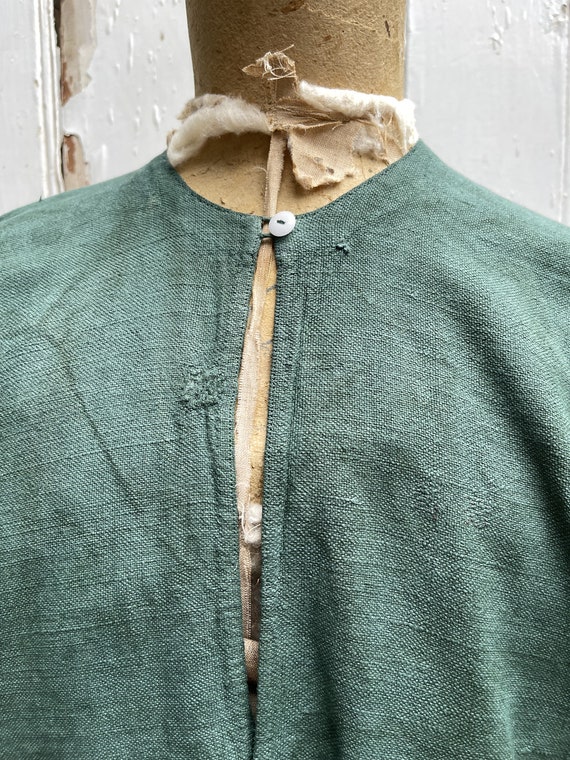 Antique French green linen long jacket coat house… - image 3