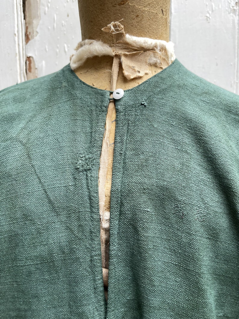 Antique French green linen long jacket coat housecoat size M UK 12 画像 3