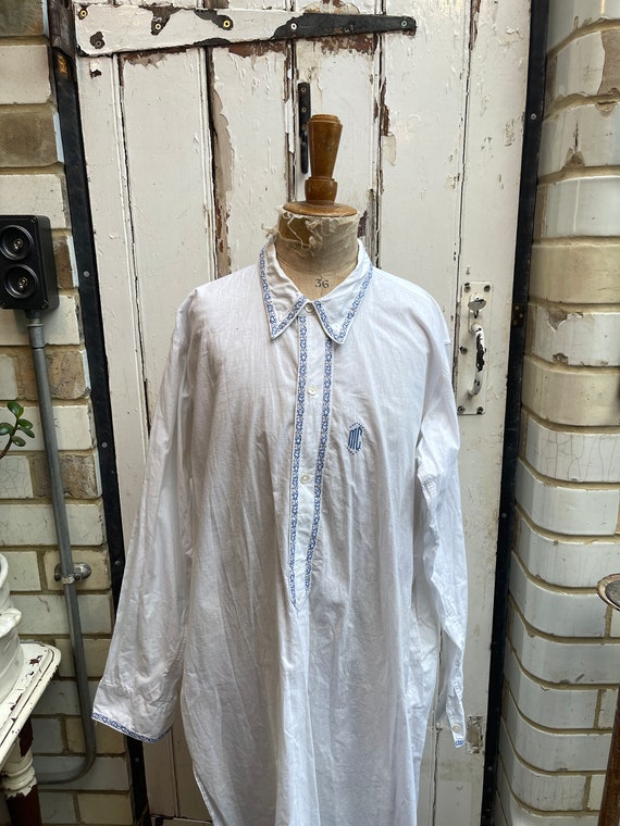 Antique French white cotton shirt nightshirt with… - image 2