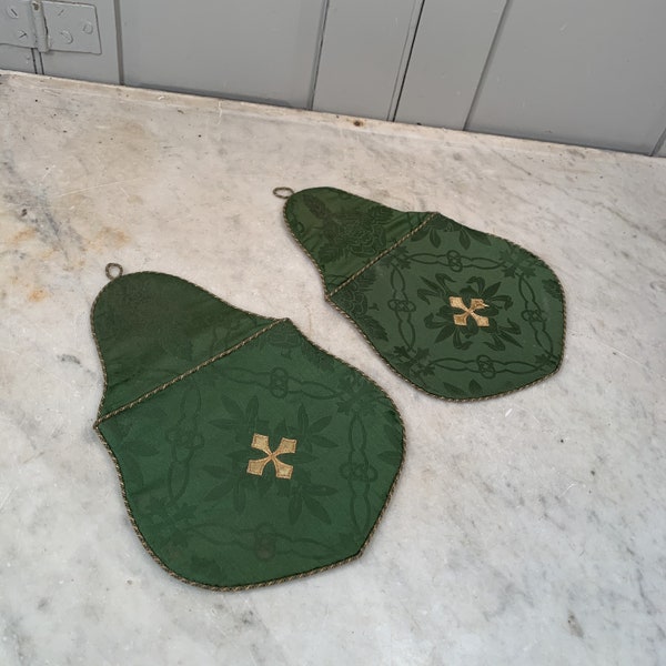 Pair antique Ecclesiastical Gothic green damask church pouches embroidered with gold cross