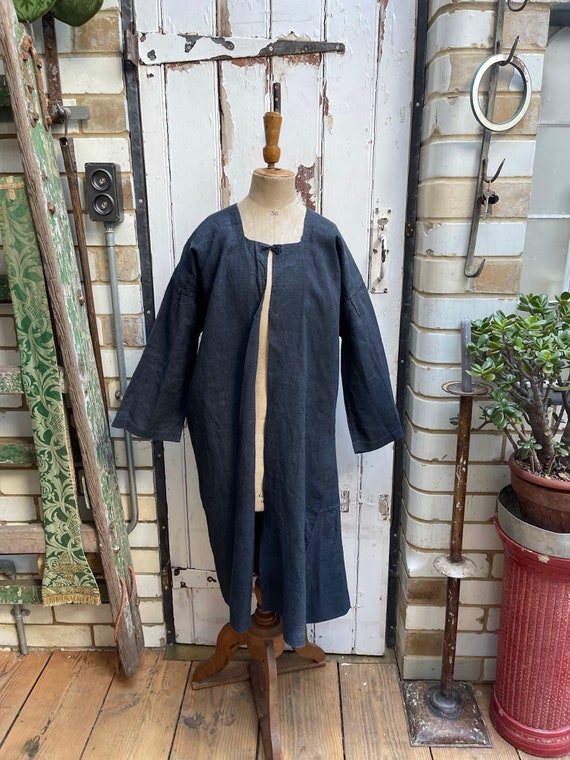 Antique French dark grey linen long jacket housec… - image 1