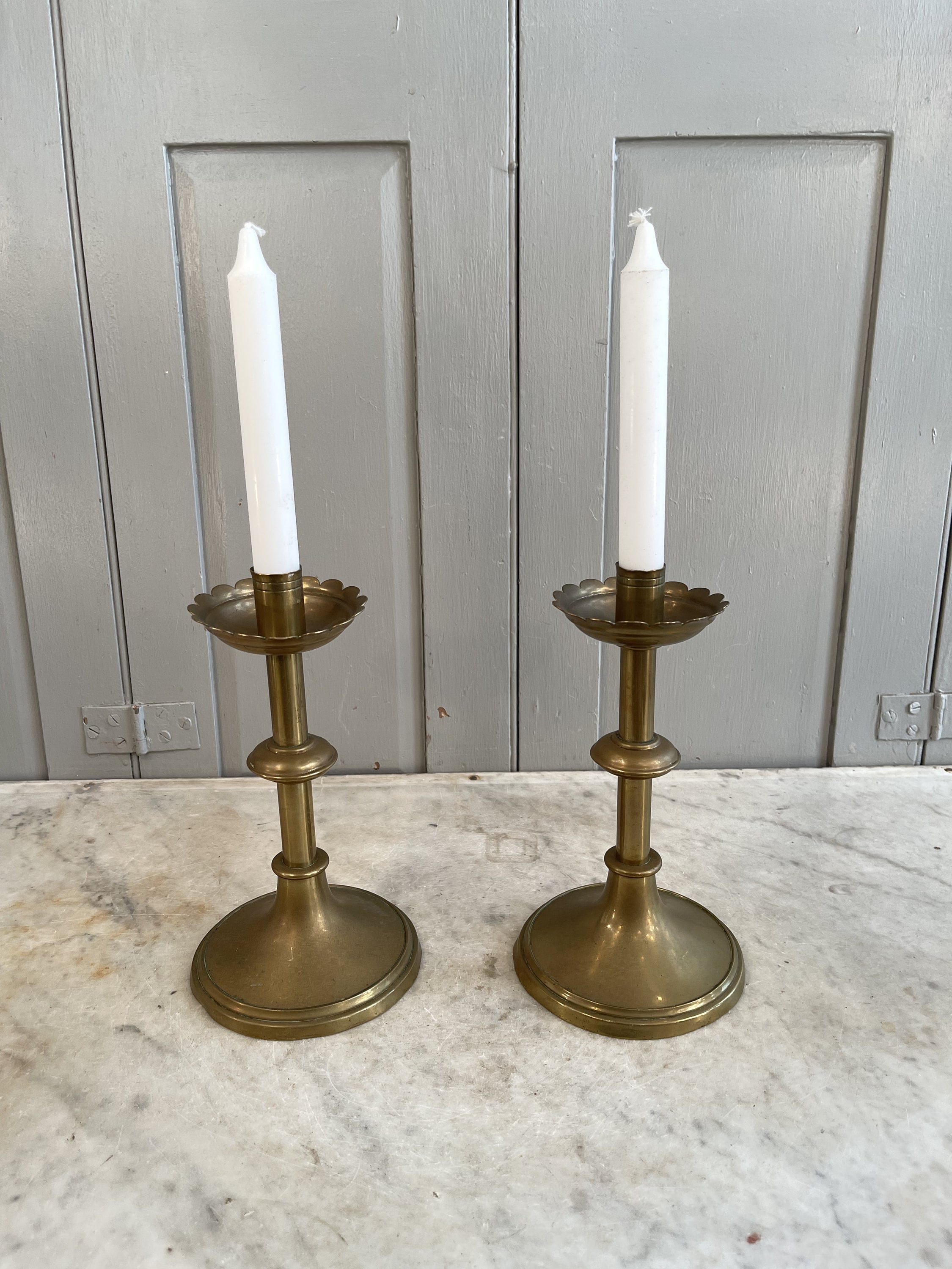 ENGLISH ANTIQUE GOTHIC REVIVAL BRASS ALTAR CANDLESTICK CANDLE HOLDER PUGIN  STYLE
