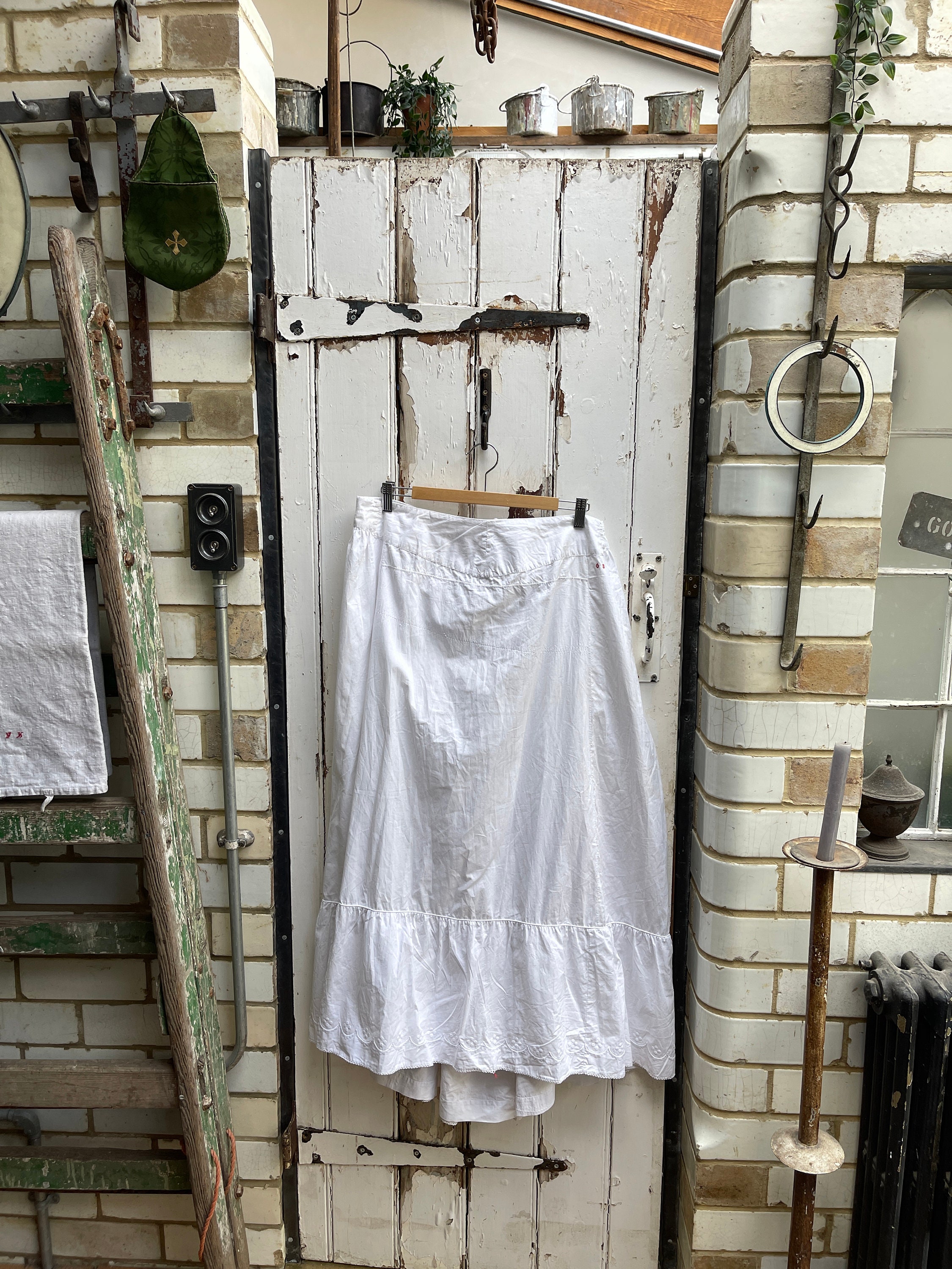 アンティーク フランス製 ロング ホワイト コットン ギャザー スカート