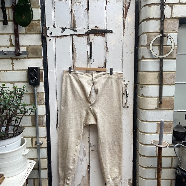 Antiguo pantalón de lana beige crema francesa avena long johns ropa interior talla M/L