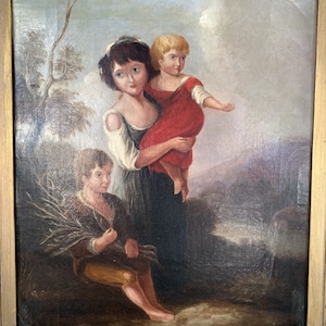 Antique Georgian early Victorian oil painting portrait of children in gesso frame image 4