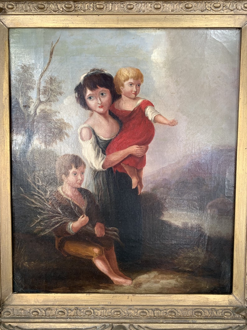 Antique Georgian early Victorian oil painting portrait of children in gesso frame image 4