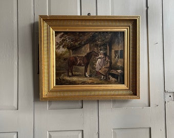 Antique oil painting study of lady with traveller and horse