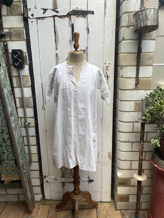 Antique French White Linen Shirt Dress Top Tunic Initials MP Size