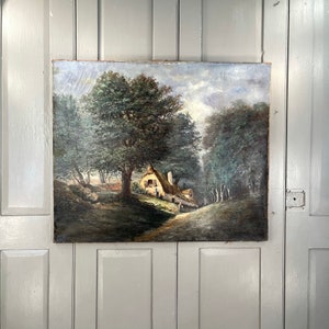 Antique French Impressionist landscape oil painting of cottage in woods (1 of 2)