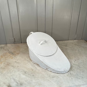 Antique French white enamel slipper hospital bedpan with original lid