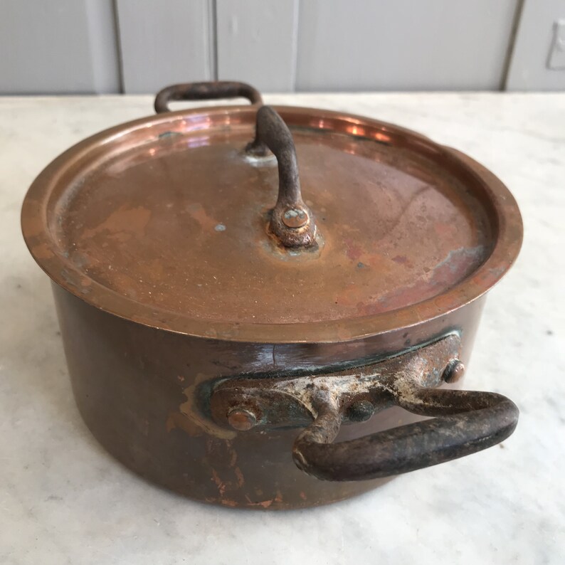 Antique copper small lidded casserole dish Etsy