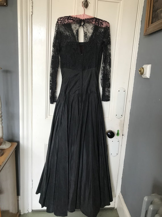 Antique long black satin lacy dress size S UK 10 - image 8