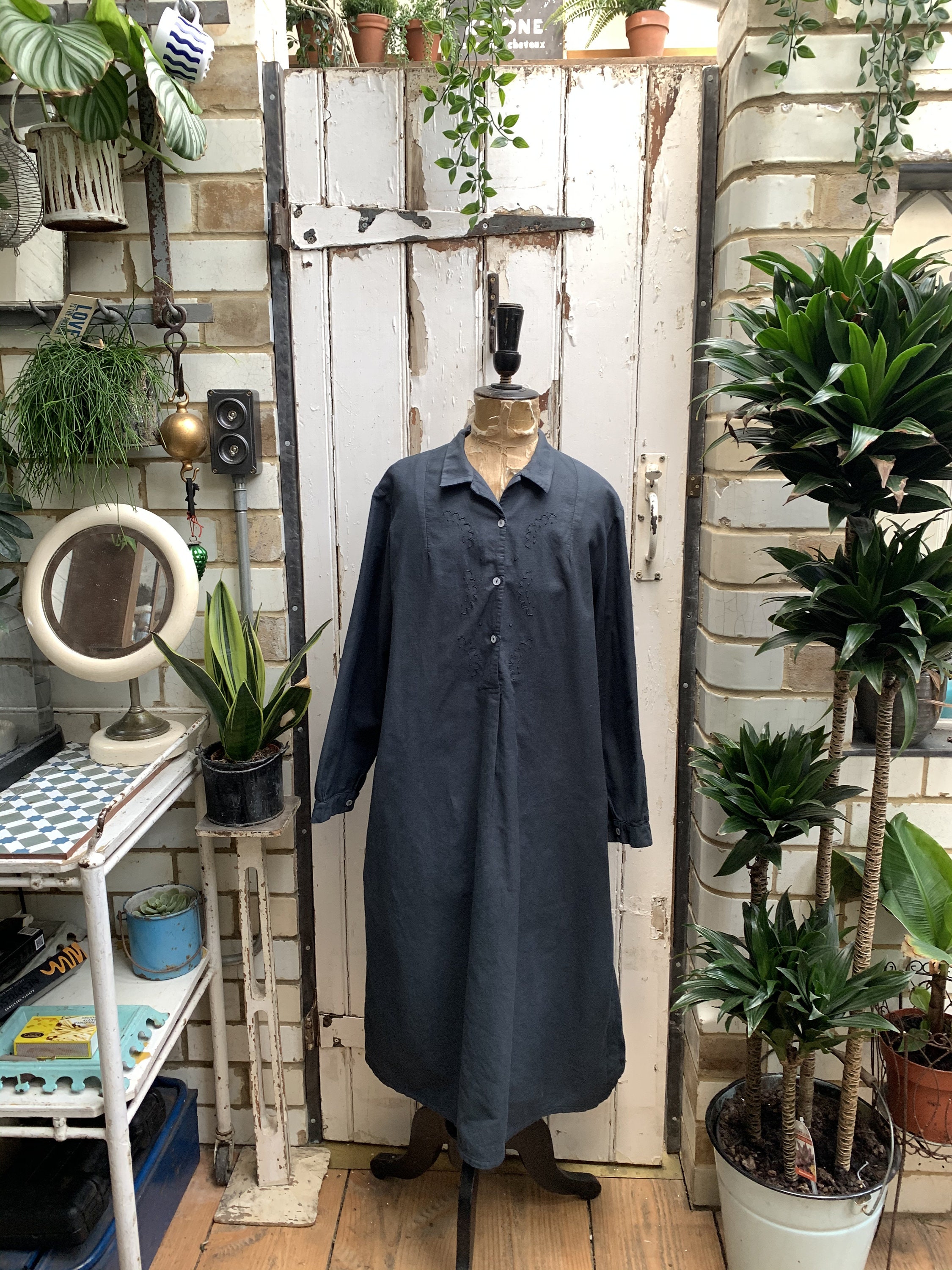 Image of Antique Vintage French Dark Slate Grey Brushed Cotton Shirt Dress Nightdress Size M Uk