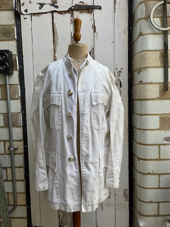 Antique mens white cotton military jacket size S/M - image 2