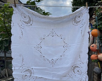 Antique white linen embroidered tablecloth