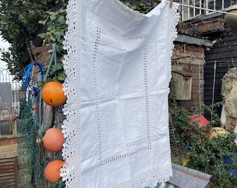 Small antique oblong white linen tablecloth with embroidery and crochet lace trim