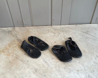 Couple of pairs of antique vintage Dutch handmade small childs black leather shoes - display only