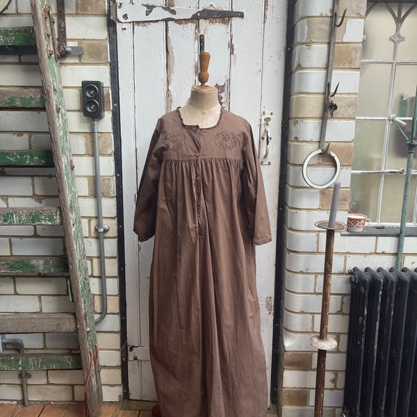 Antique milk chocolate brown long cotton dress nightdress size S/M