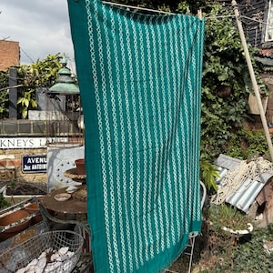 May include: A teal blue throw blanket with a white geometric pattern. The blanket is hanging on a clothesline outdoors.