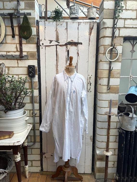 Antique French white cotton shirt nightshirt with… - image 1