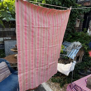 May include: A rectangular, vintage fabric with vertical red stripes on a beige background, hanging on a clothesline. The fabric is slightly faded and shows signs of wear, suggesting it is an antique textile. The scene is set outdoors, with greenery in the background.
