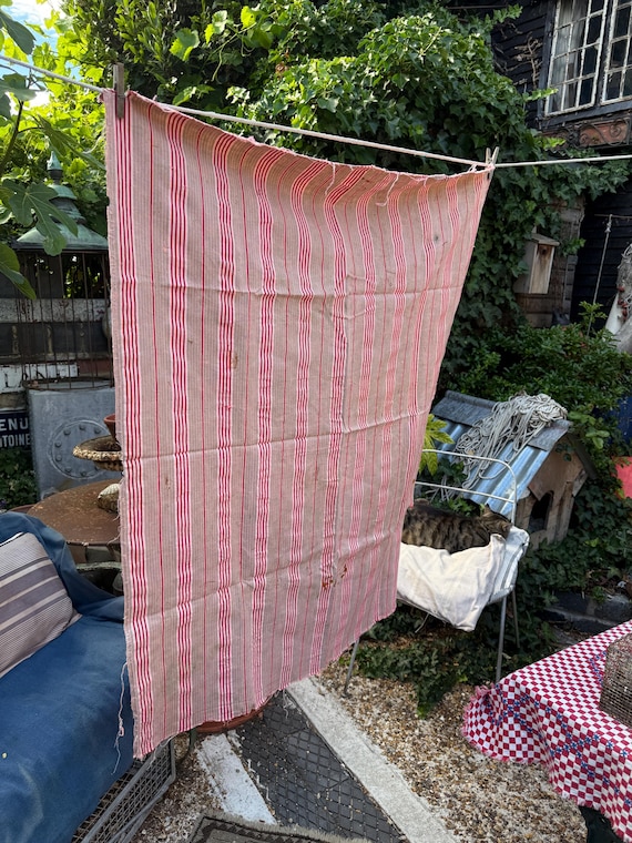 Antique French piece of red beige striped material fabric textile