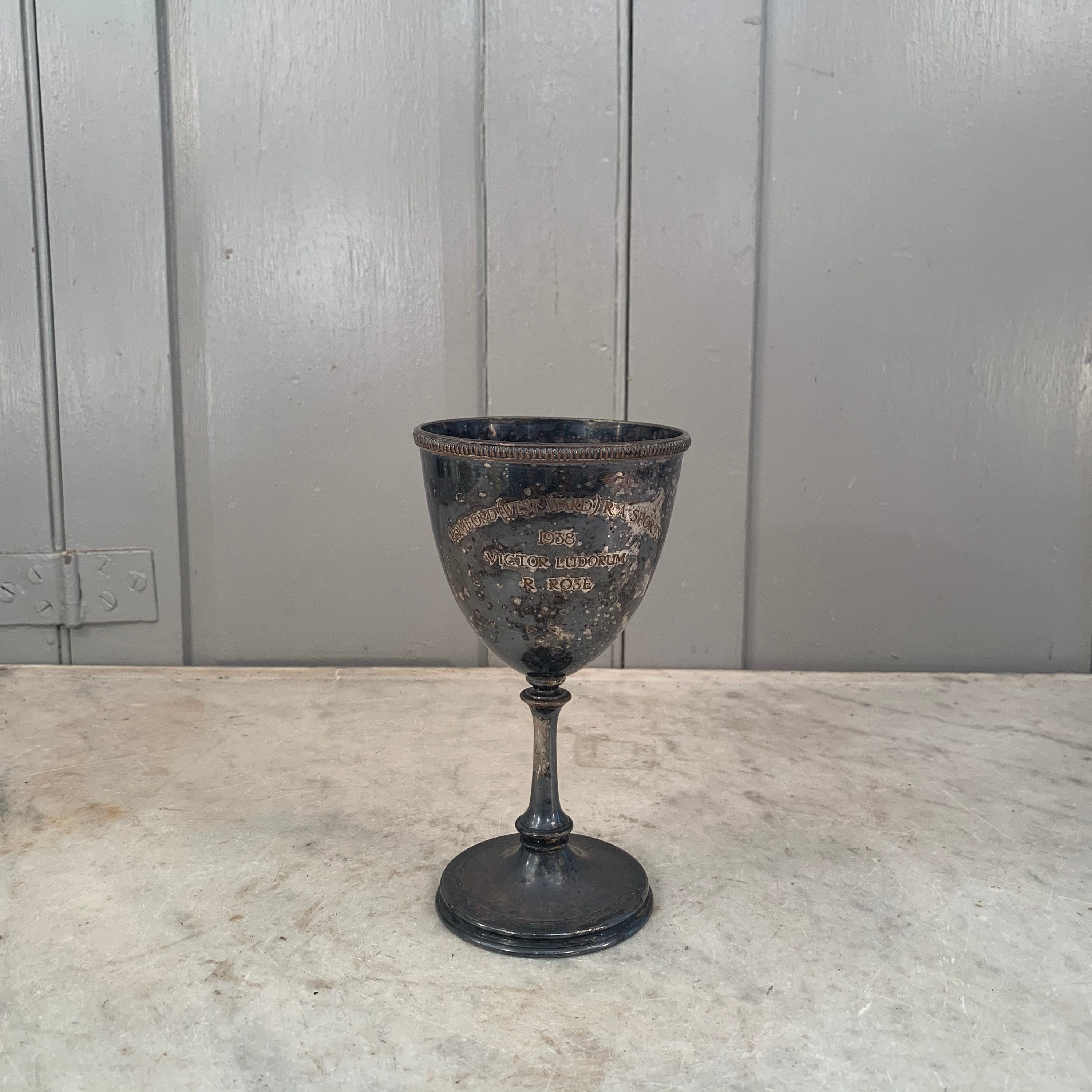Antique silver plated engraved goblet sports trophy dated 1938