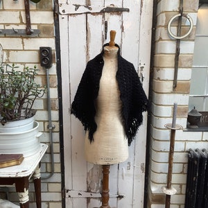 Antique Dutch black crochet wool shawl scarf wrap with fringe (no 2)