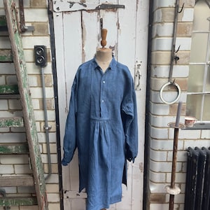 Antique French blue linen shirt dress chemise size M/L
