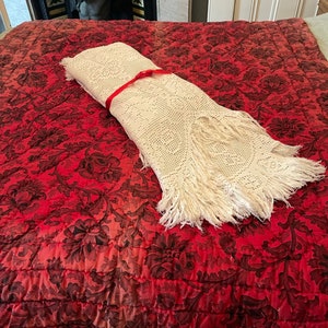Antique white cotton double crochet bedspread throw with peacock pattern and fringe