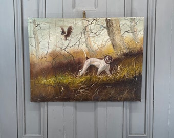 Antique French landscape oil painting study of hunting dog signed Wilcox