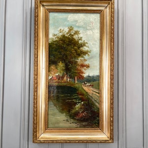 Antike Flusslandschaft Ölgemälde mit Pferd und Wagen signiert Jennie Evans 1908