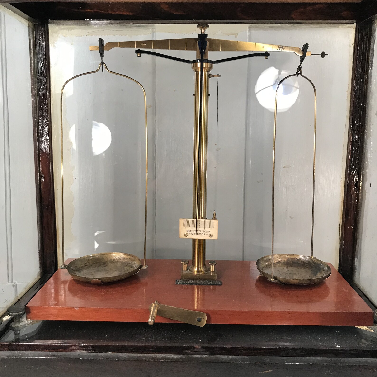 Set of antique scales in glass case by Becker's of Etsy