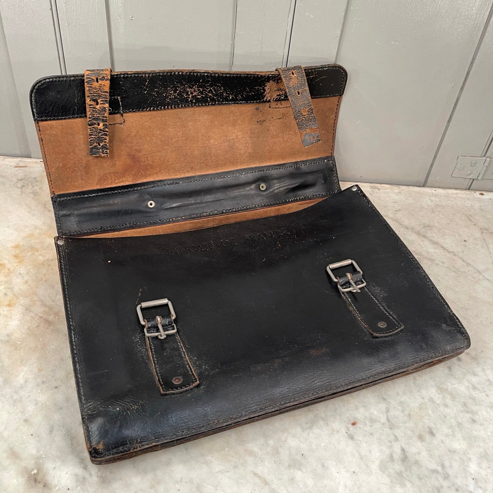 Antique vintage French black leather briefcase from Banque de Etsy