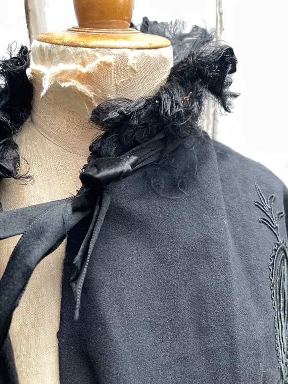 Antique French black wool cape cloak with embroid… - image 9