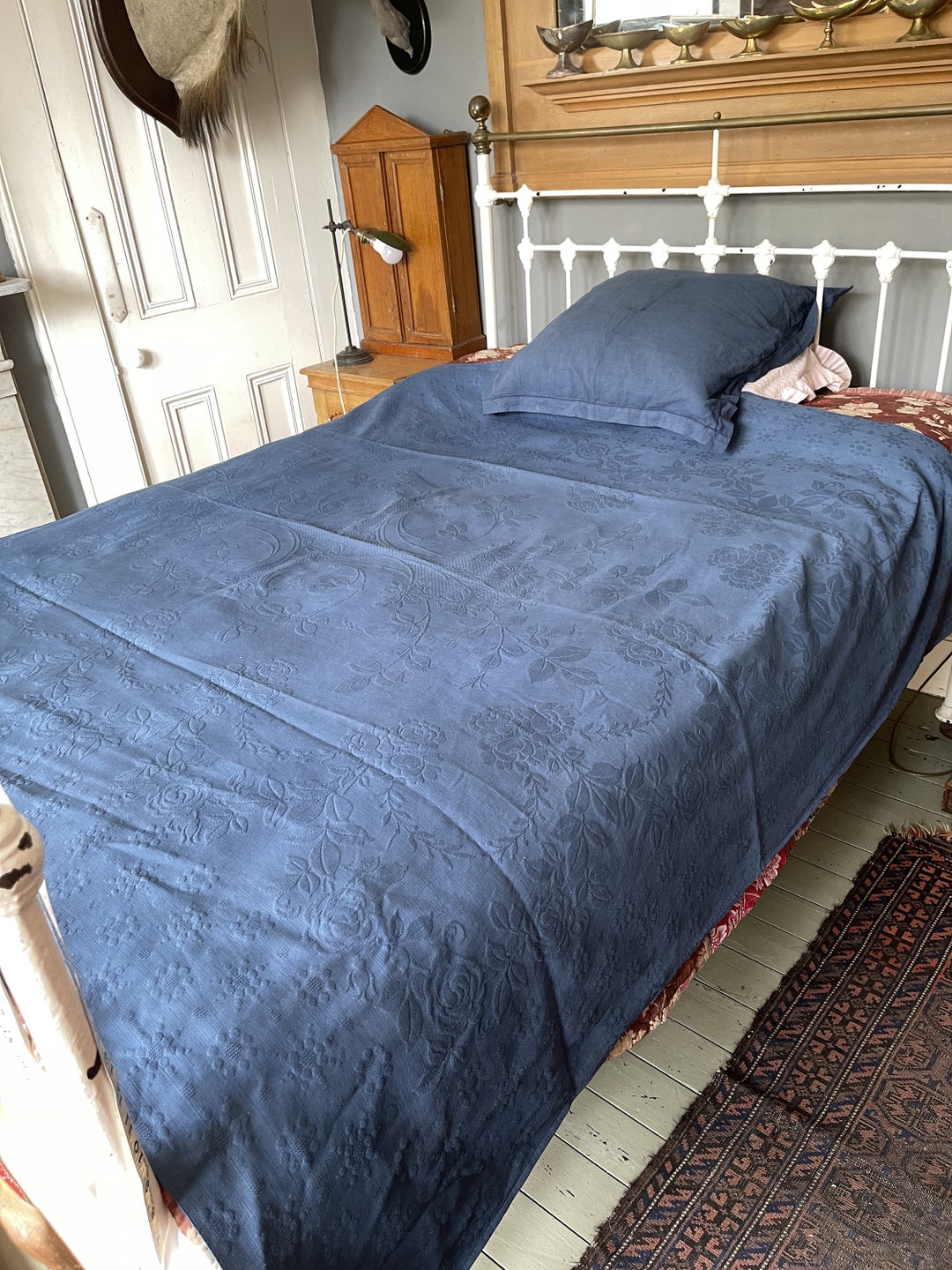 Antique Vintage Blue Cotton Marcella Double Bedspread Throw Bed Cover