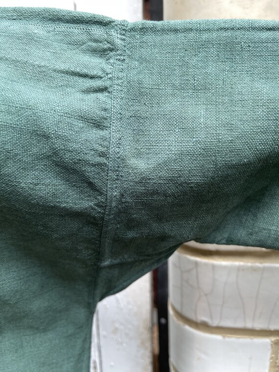 Antique French green linen long jacket coat house… - image 6