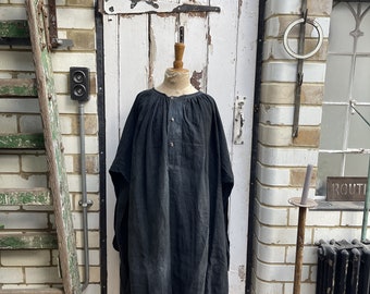 Antique French indigo linen biaude shirt chemise smock size L