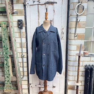 Vintage Dutch handmade grey linen cotton workwear chores jacket coat size L