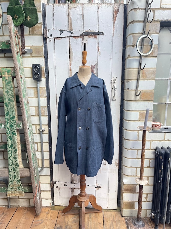 Vintage Dutch Handmade Grey Linen Cotton Workwear Chores Jacket