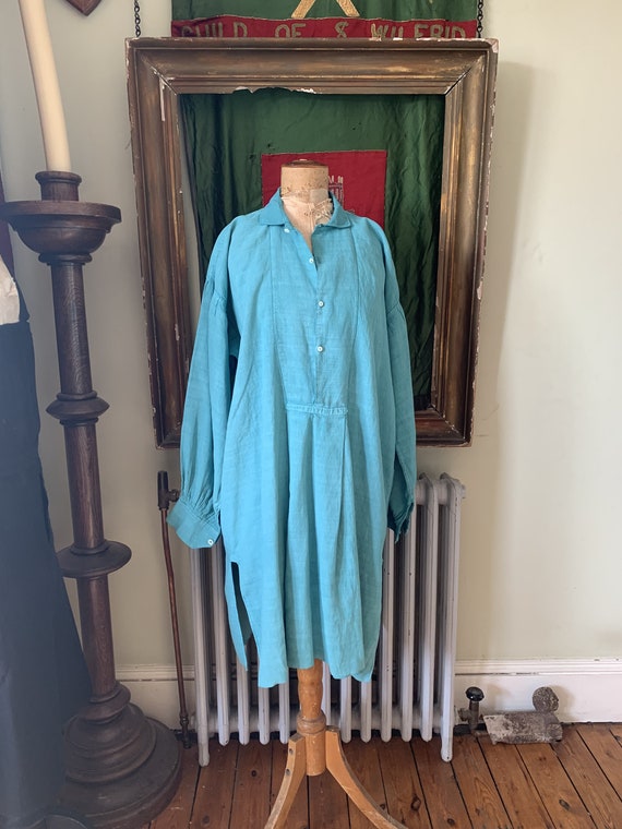 Antique French teal linen dress shirt chemise smoc