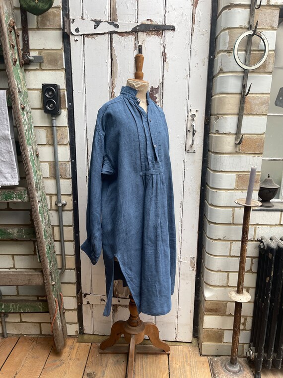 Antique French Blue Linen Flax Shirt Dress Chemise Size M/L No 2
