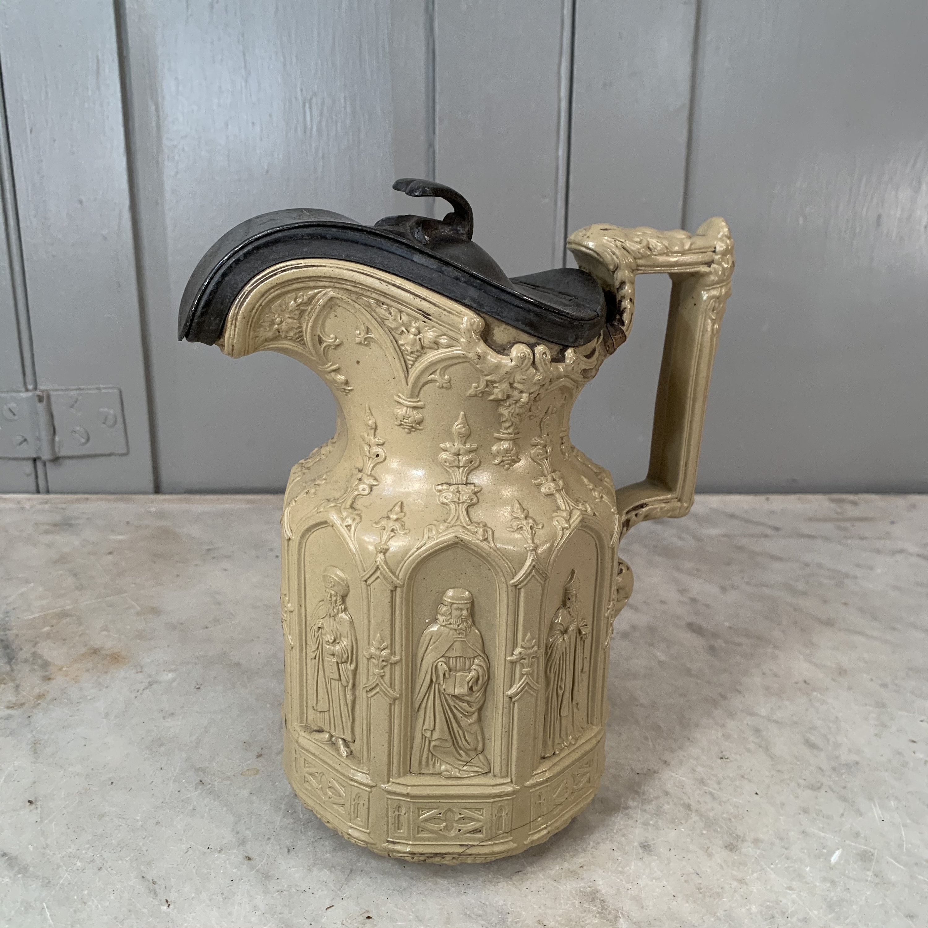 Antique Gothic Apostle Ceramic Jug With Pewter Hinged Cover by