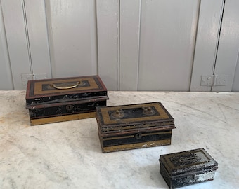 3 antique Toleware cash tins money boxes