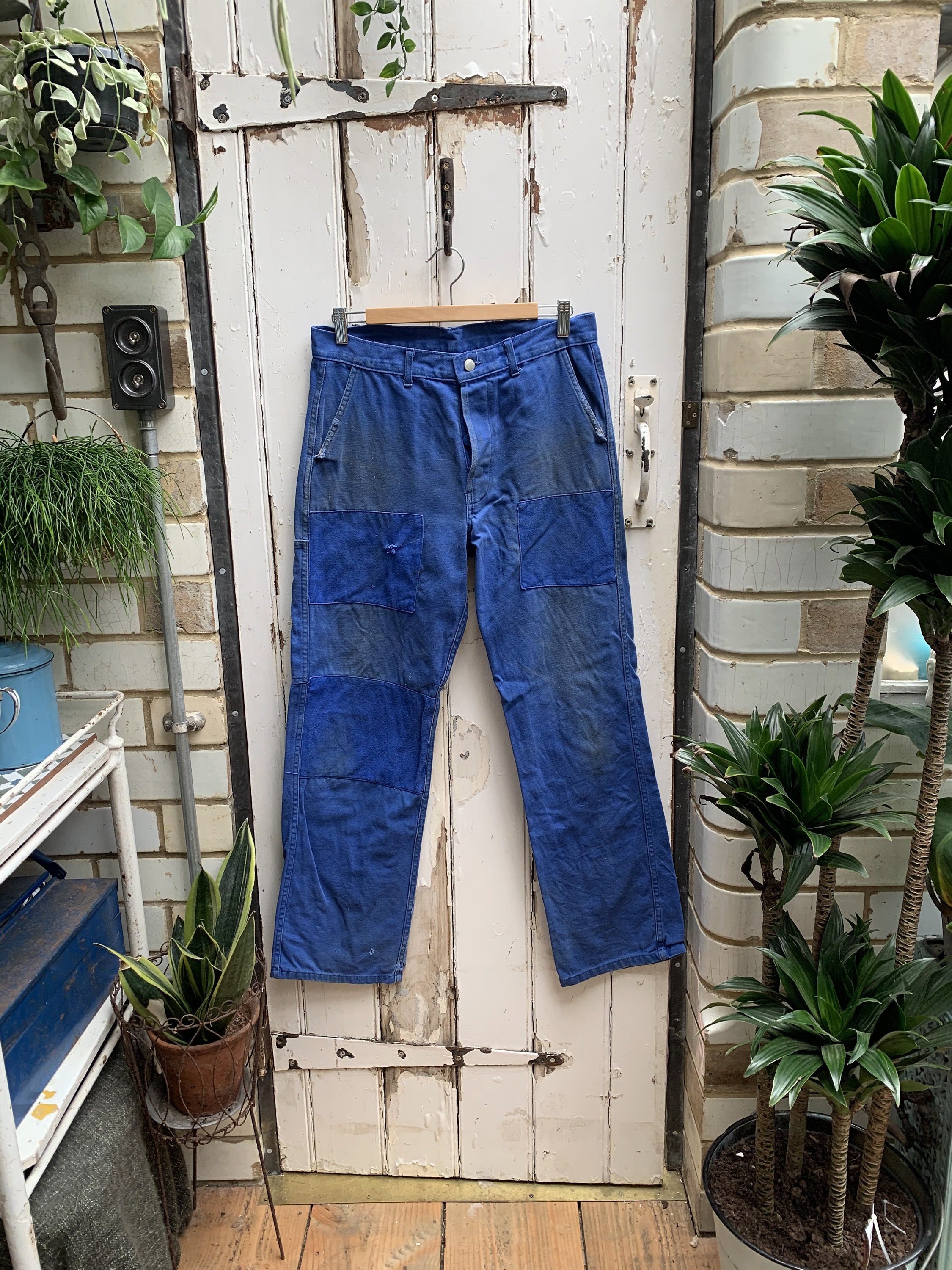 Image of Vintage French Mercure Blue Cotton Workwear Chores Trousers With Patches Size S