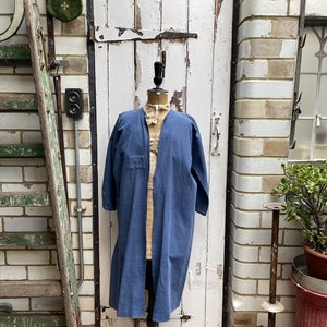 Antique French blue linen cotton metis long jacket coat housecoat initials MB size S/M