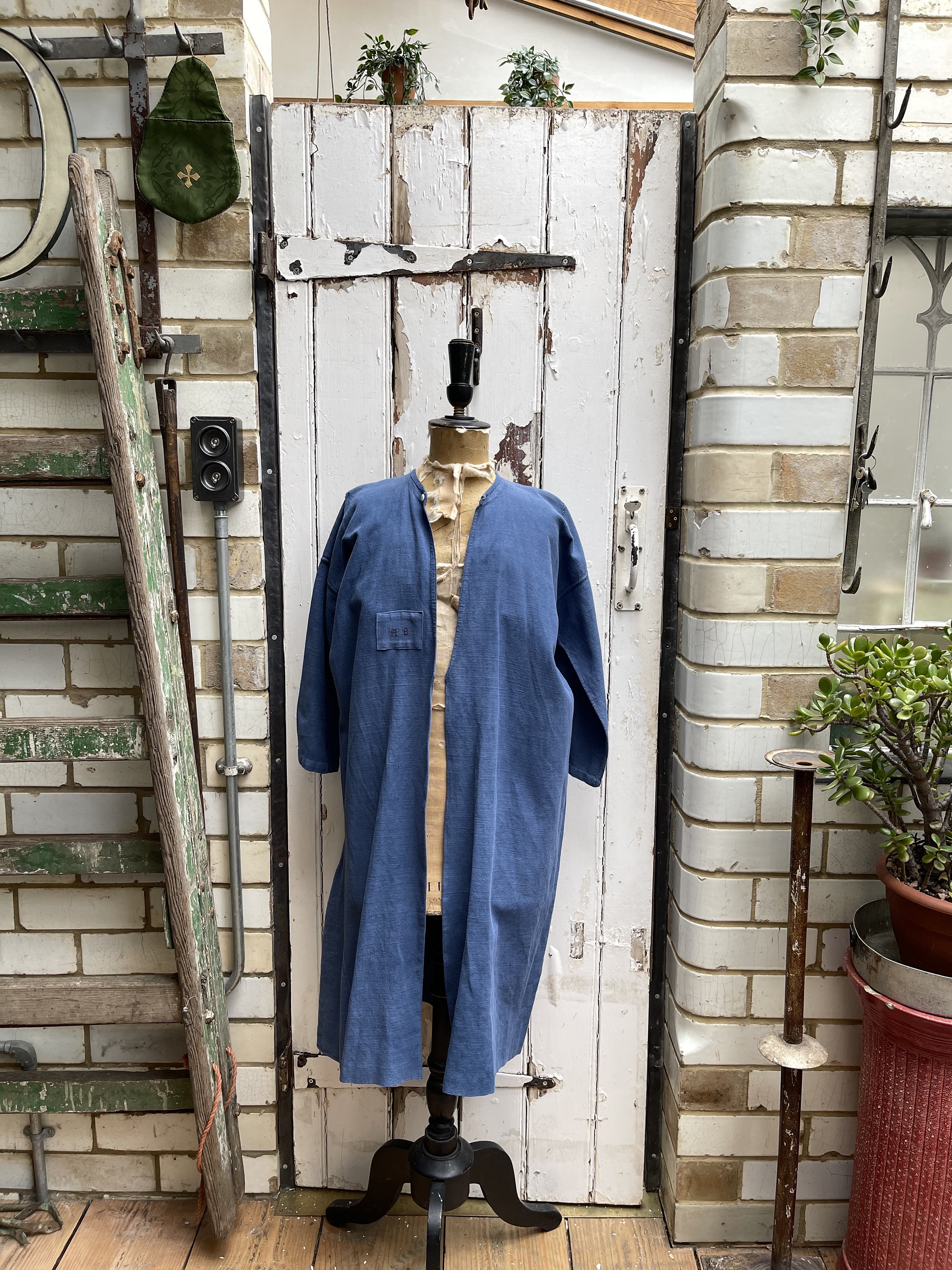 Antique French Blue Linen Cotton Metis Long Jacket Coat Housecoat 